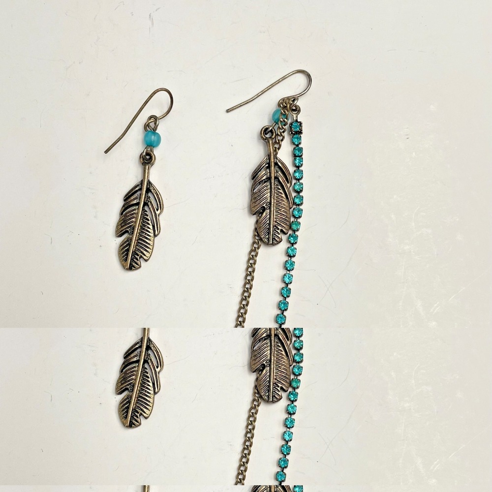 Vintage 90s Feather Mismatched Earrings Teal Glass Rhinestone Ear Cuff Boho Y2K